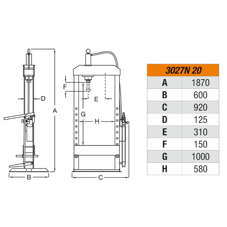 Beta Tools 3027N 20T Hydraulic press with moving piston, manual 2-speed pump. 130kg