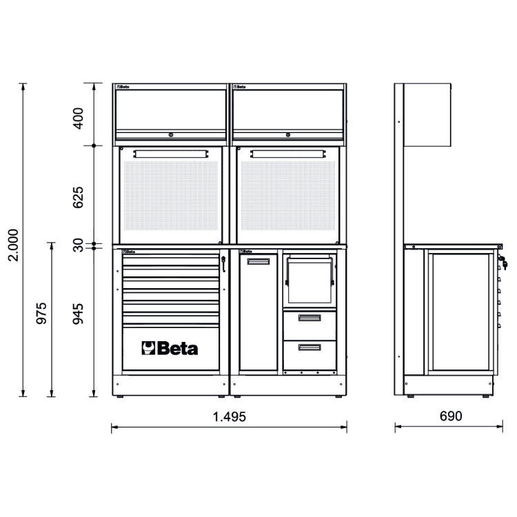 Beta Tools RSC50 A Workshop equipment combination RSC50, worktop, drawers, wall cabinets, tool panels.