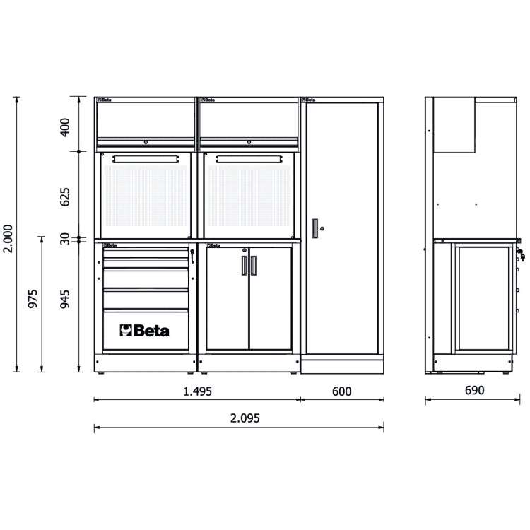 Beta Tools RSC50 D Workshop equipment combination, worktop, drawers, wall cabinets, tool panels.