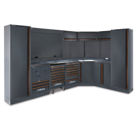 Beta Tools C45PRO GX Workshop equipment combination, stainless steel coated MDF worktops, 2 built-in reels, roller cab drawers, tool panels, cabinets, aluminum shutter, wall brackets.