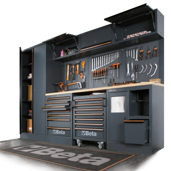 Beta Tools C45PRO HW Workshop equipment combination, multi-ply wood worktop, 2 built-in reels, roller cab drawers, wall mounted cabinets, tool panels, wall brackets.